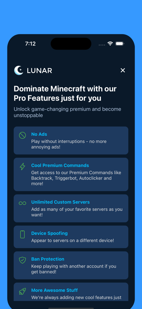 Lunar Proxy for Minecraft: PE - List of premium features for the Lunar Proxy Minecraft utility app including ban protection and device spoofing
