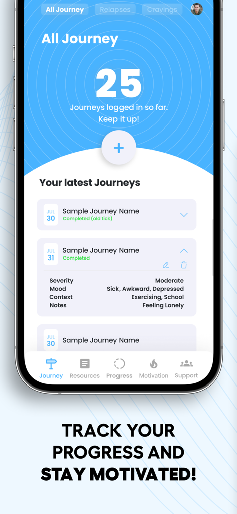 GambleStop: Quit Gambling - Écran de suivi de la progression du parcours de l'application GambleStop montrant les parcours de rétablissement enregistrés avec des détails sur l'humeur et la gravité