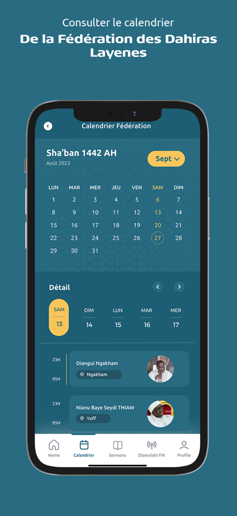 Layéne - Monthly religious calendar interface of the Layéne app showing spiritual events and dates