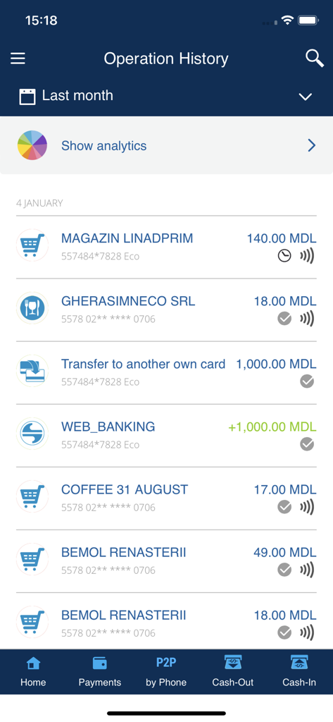 Pantalla de historial de operaciones de la aplicación MICB Mobile Banking que muestra una lista detallada de transacciones y transferencias recientes