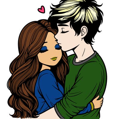 a realistic couple boy and girl hugging and kissing