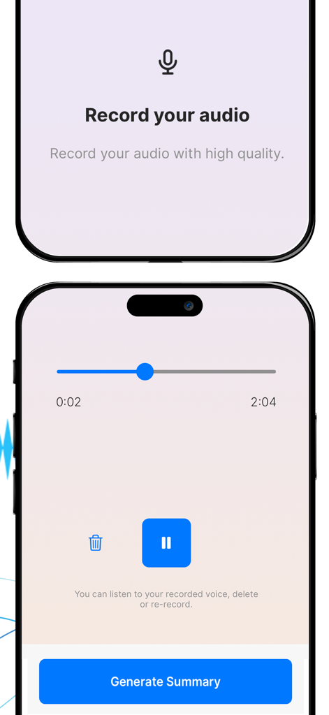 録音中のオーディオが表示され、要約生成ボタンが付いた講義録音アプリのユーザーインターフェース。