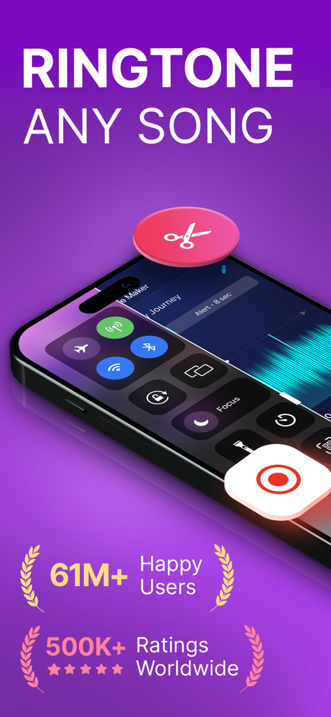 Ringtune app interface featuring custom ringtone creation from any song