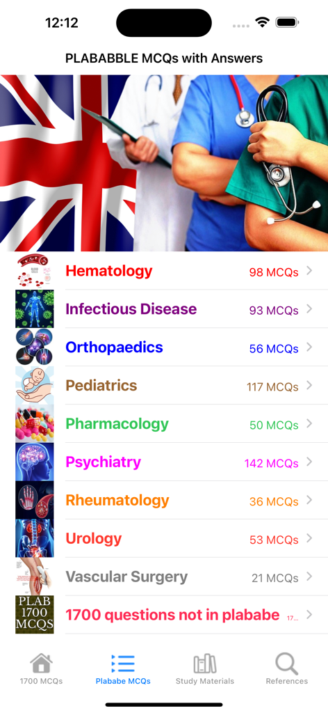 Interface of the PLAB Question Bank app showing various medical categories and question counts for exam preparation