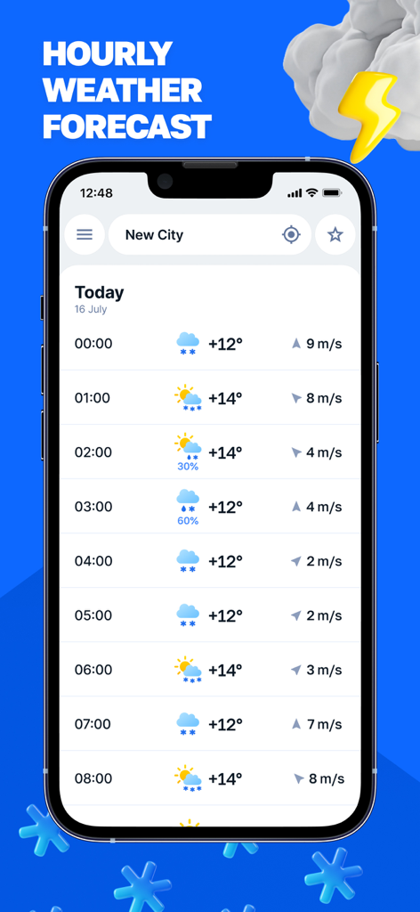 Meteoprog - Weather Forecast - Interfaccia dell'app mobile Meteoprog che mostra previsioni meteo orarie dettagliate con temperatura, velocità del vento e dati di precipitazione