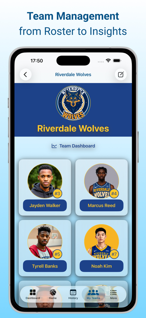 Hooper: Basketball Assistant - Hooper app interface showing a basketball team roster for the Riverdale Wolves with player names and jersey numbers.