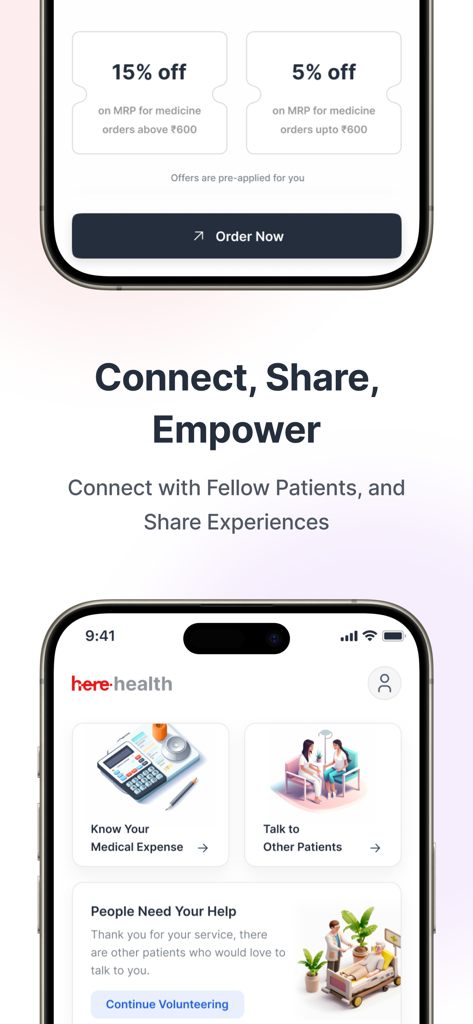 Here by HDFC ERGO - Here by HDFC ERGO app interface showing medicine discounts a medical expense estimator and a patient community platform