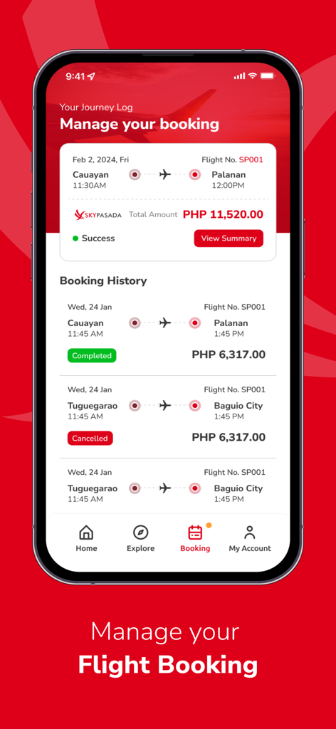 Sky Pasada - Sky Pasada app screen displaying flight booking management and history for regional Philippine flights