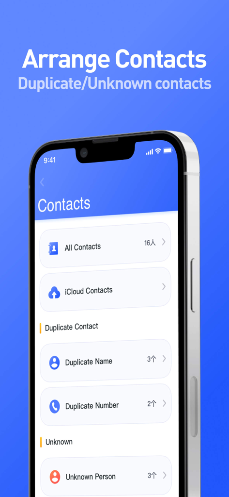 Interfaz de la aplicación de iPhone que muestra funciones de gestión de contactos como la detección y organización de contactos duplicados