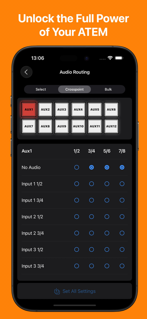 MixEffect app interface on an iPhone showing the audio routing matrix for a Blackmagic ATEM switcher