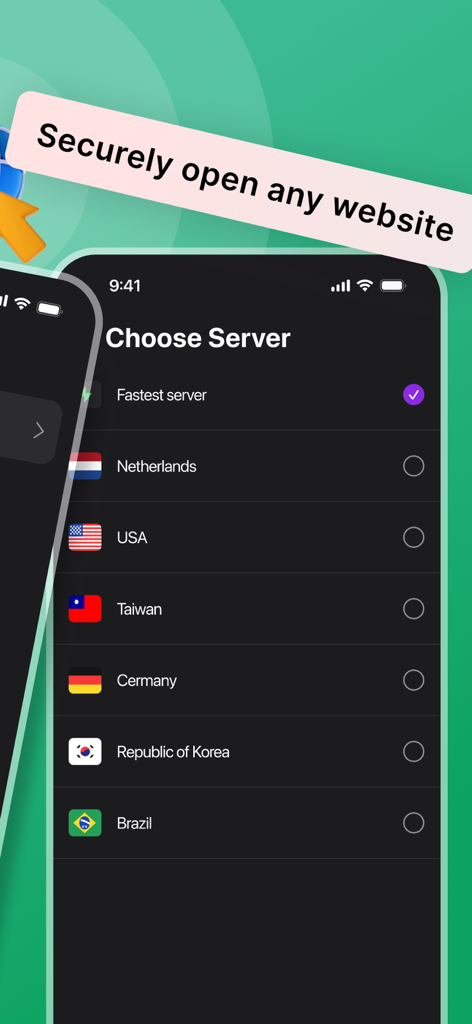 Dark Web Browser - VPN Proxy - Interface of Dark Web Browser app showing a list of VPN server locations including USA and Germany