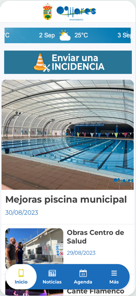 Home screen of the Ogijares municipal app displaying local news and town hall services.