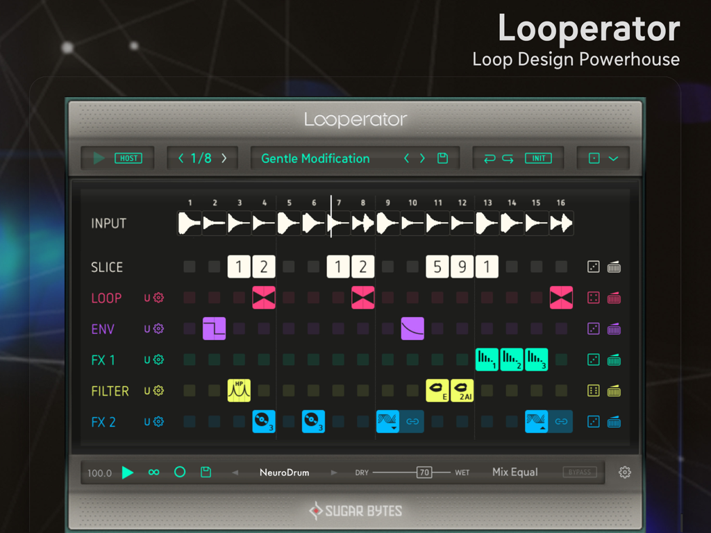 Looperator - Looperator iPad App-Oberfläche mit einem Multi-Track-Sequenzer zum Audio-Slicing und für Effekte