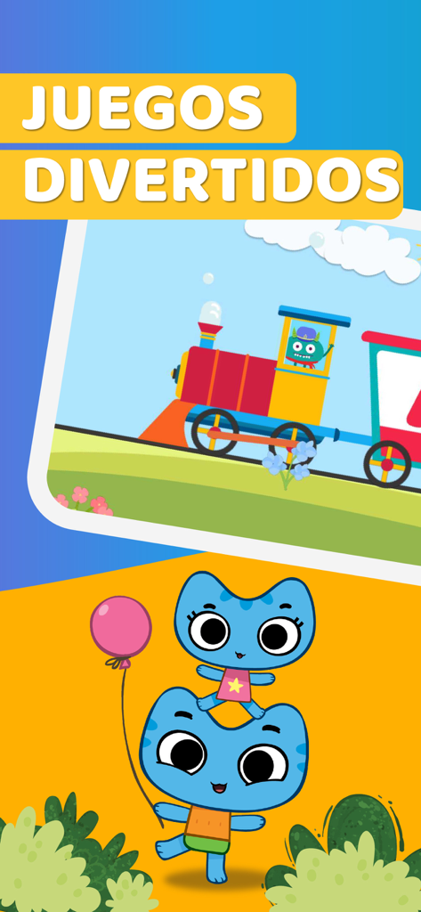 Pantalla de la aplicación KidsBeeTV Español con un colorido tren de dibujos animados y personajes de gatos que ilustran juegos divertidos para niños.