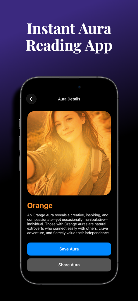 iAuraアプリのインターフェース、オレンジ色のオーラがかかったポートレートと性格の説明が表示されている
