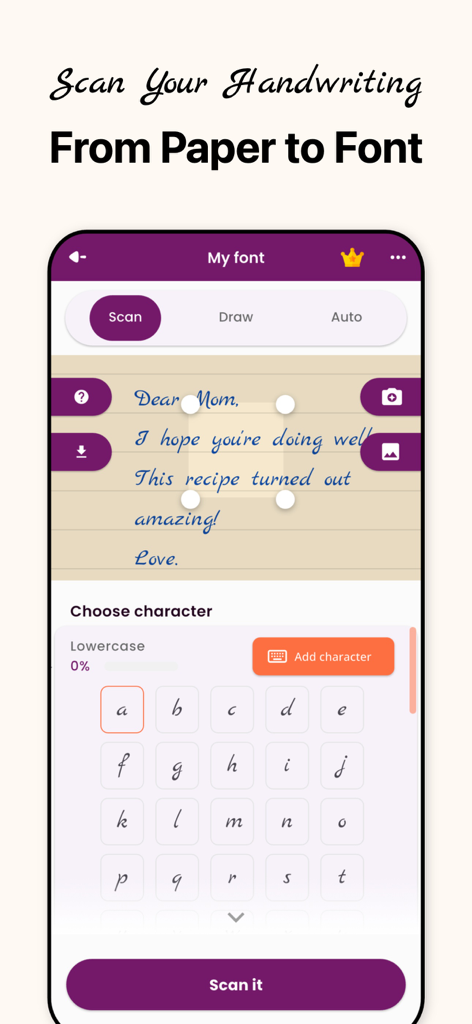 手書き文字をスキャンしてカスタムデジタルフォントを作成するプロセスを示すカリグラファーアプリのモバイルインターフェース