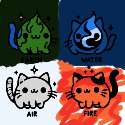 4 cats that represent the different elements, earth, water, air, and fire