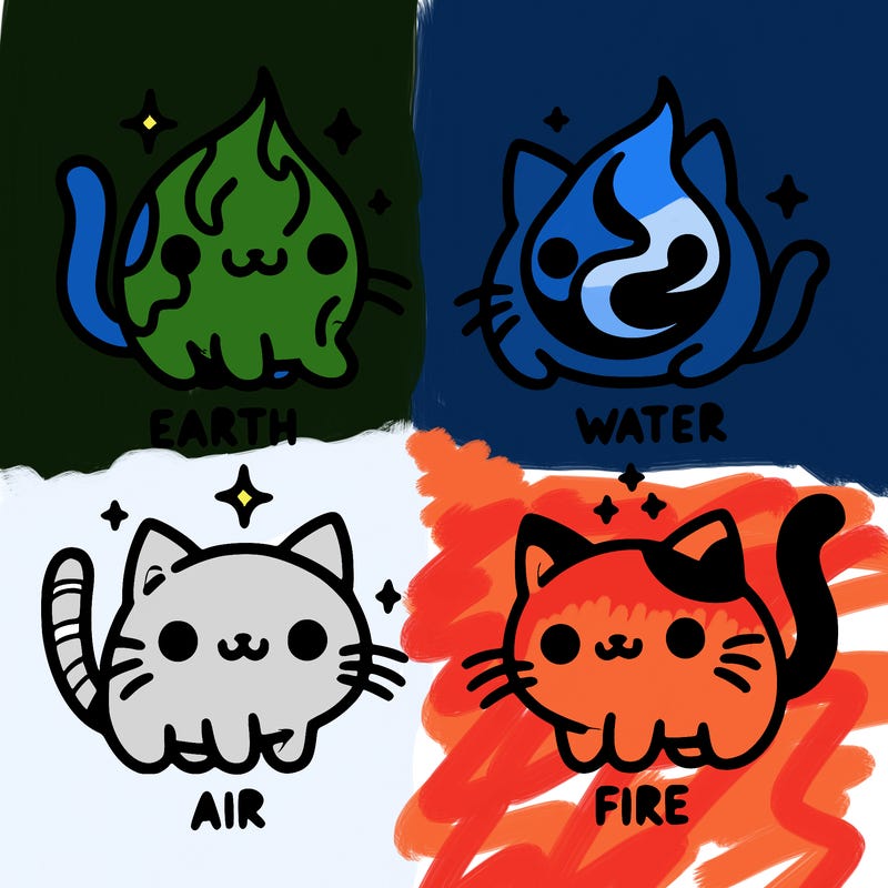 4 cats that represent the different elements, earth, water, air, and fire