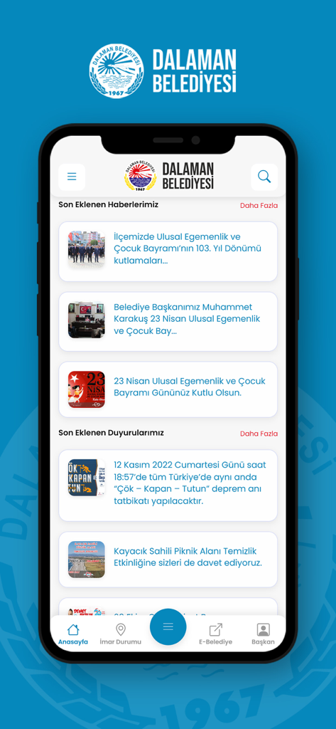 Dalaman Belediyesi - Dalaman Municipality mobile app home screen with news and announcements