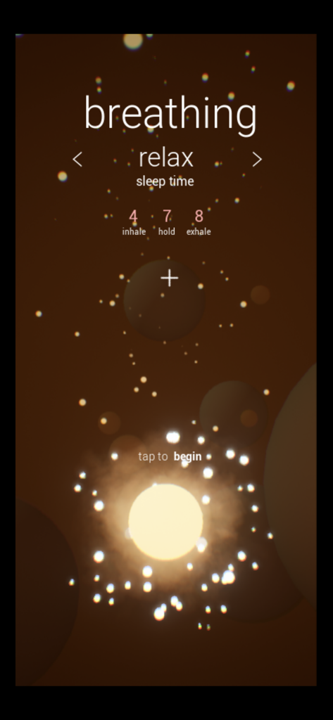 Breathing Flow app interface showing the 4-7-8 relax breathing technique with a glowing start button and particle effects.