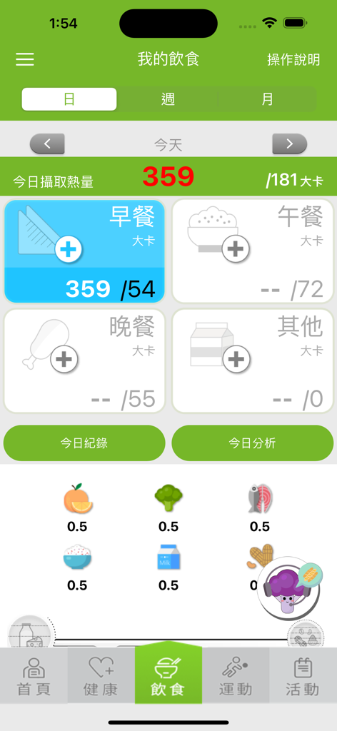 Mobile app interface for tracking daily nutrition and calorie intake in Traditional Chinese featuring meal categories and food groups.