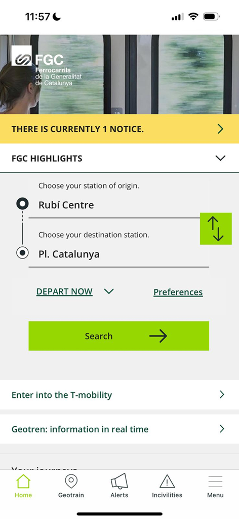 Interfaz de búsqueda de rutas de la app móvil de FGC que muestra la selección de estación de origen y destino
