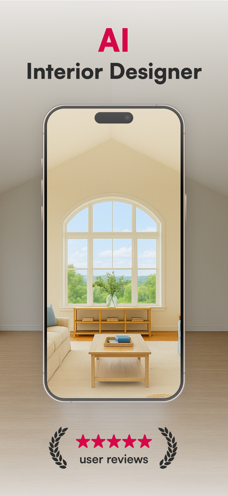 Roomly AI - Interior Design - A smartphone displaying a living room interior design within the Roomly AI app interface with five star user reviews