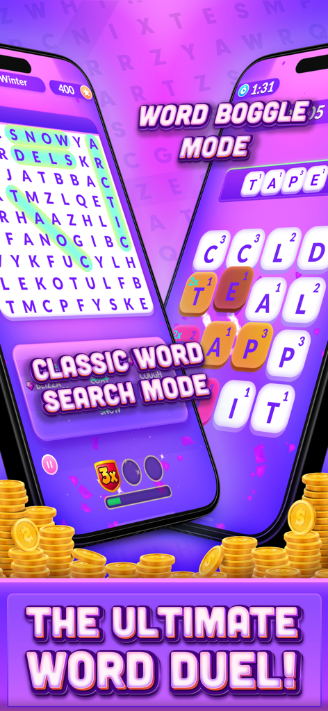 Real Money Word Search Skillz - Modos de juego Classic Word Search y Boggle en la aplicación Real Money Word Search Skillz con monedas de oro.