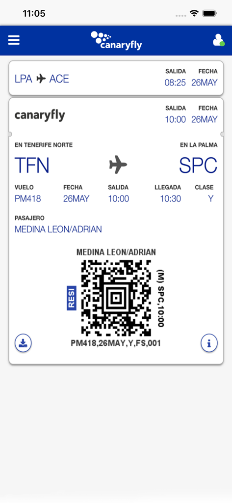 Canaryfly - Tarjeta de embarque digital en la app Canaryfly con detalles del vuelo y código QR