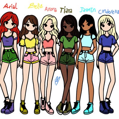 a group of girls wearing crop tops and shorts