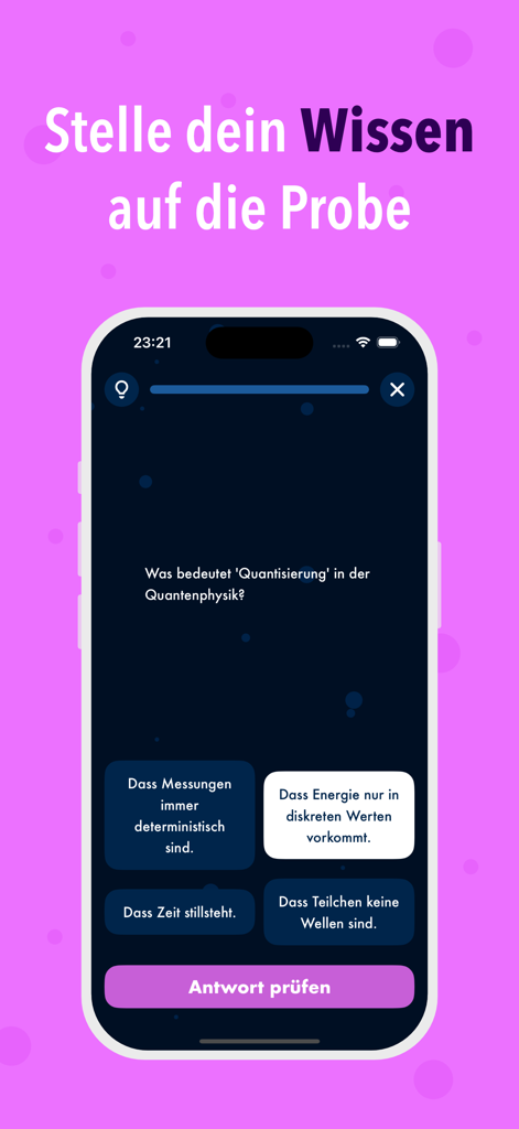 Mobile app interface showing a quantum physics quiz question with multiple choice answers for exam preparation.