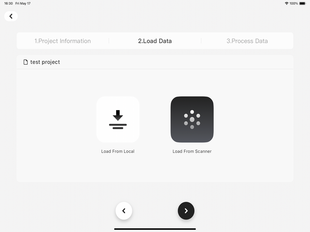 FJD Trion Model - FJD Trion Model app interface showing options to load point cloud data from local storage or a scanner