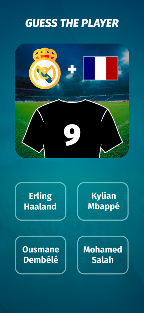Football Quiz: Trivia game - Tela do jogo Quiz de Futebol mostrando um enigma com o escudo do Real Madrid, a bandeira da França e o número 9 da camisa para adivinhar o jogador
