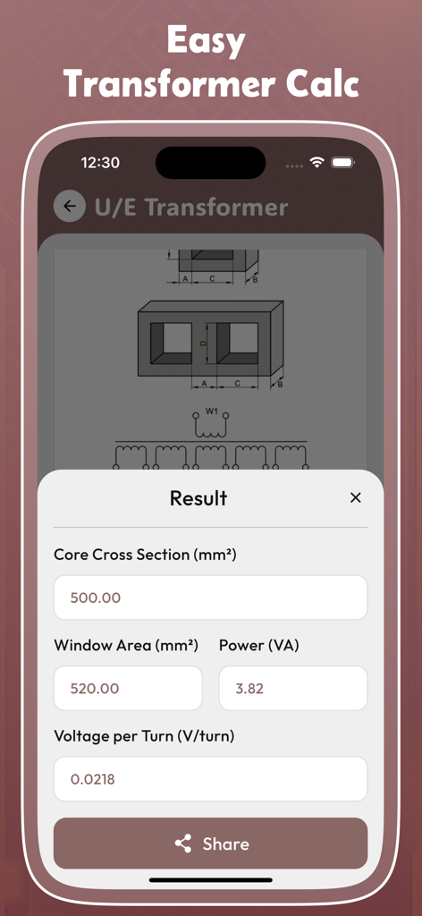 Transformer Calculator Pro - Aplicación Calculadora de Transformadores Pro mostrando los resultados del cálculo de la sección transversal y la potencia del núcleo
