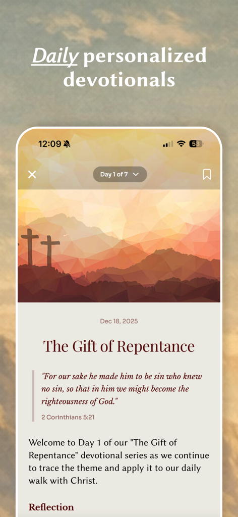 Sermon Scribe: Christian Notes - A smartphone displaying a daily Christian devotional titled The Gift of Repentance with a Bible verse from 2 Corinthians.