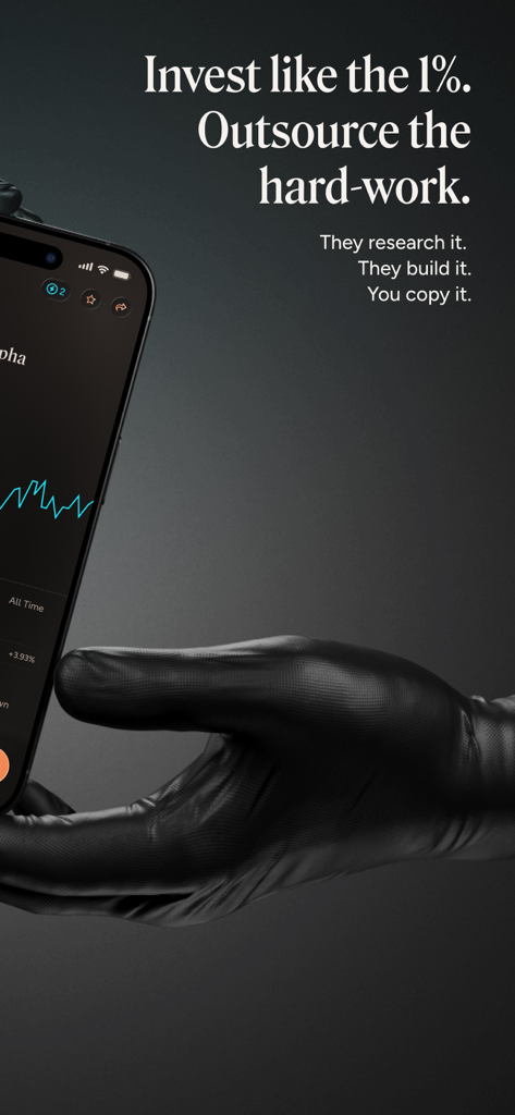 dub | Copy Trade Anyone - A hand in a black glove holding a smartphone displaying the dub investing app with the headline Invest like the 1 percent.