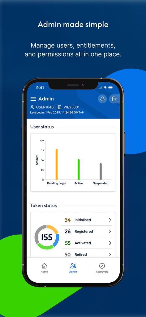 Straight2Bank - Straight2Bank mobile app admin interface with user status bar chart and token status donut chart