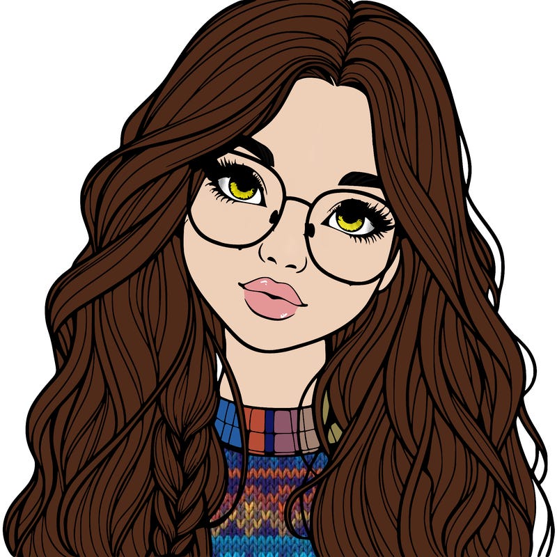girl with long hair and freckles and glasses realistic