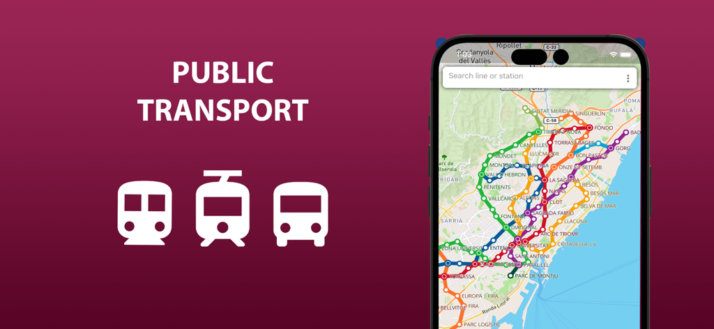 Mapa de transporte público de Barcelona mostrando rotas de metrô, tram e ônibus na tela de um smartphone