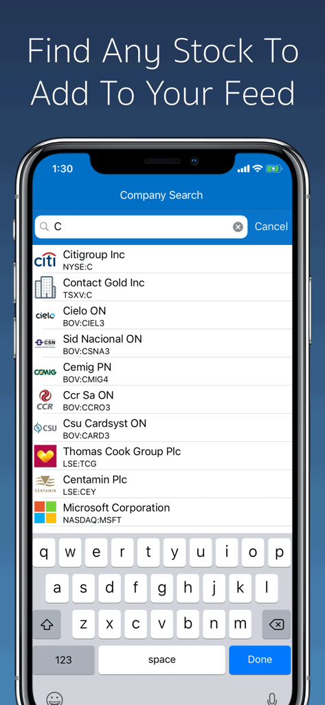 Follow Feed app company search screen displaying a list of stocks including Citigroup and Microsoft