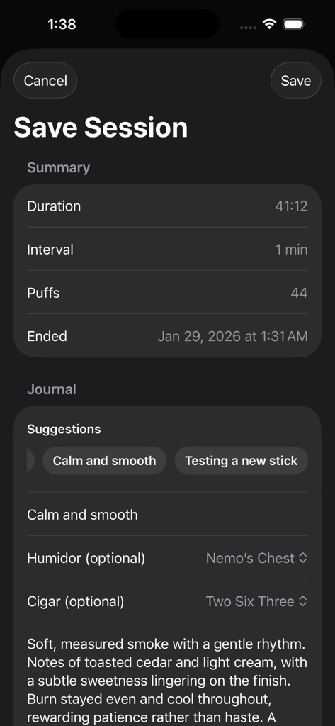 Screenshot dell'app Humidor Companion che mostra una sessione di fumata di sigari salvata con durata, conteggio dei puff e note di degustazione.