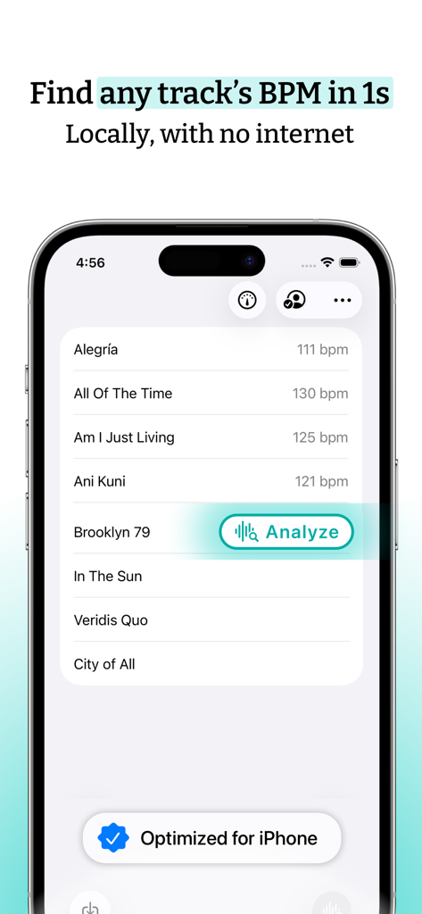 BPM Finder app on iPhone showing a list of songs and their calculated beats per minute