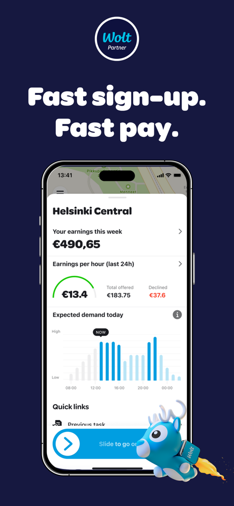 A smartphone screen showing the Wolt Courier Partner app dashboard with weekly earnings and an hourly demand forecast
