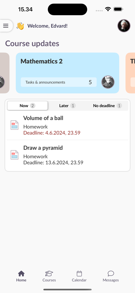 Panel de estudiante de la nueva aplicación itslearning con actualizaciones de cursos y próximas fechas límite de deberes.