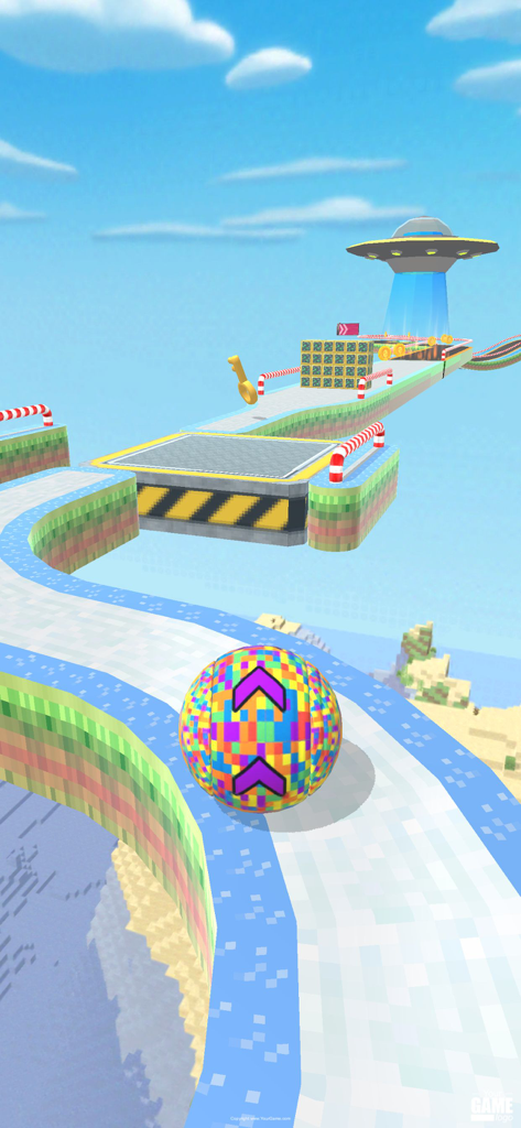 Fly Ball: Sky Parkour - A checkered ball rolling on a floating blocky path in a craft inspired sky world with a UFO hovering in the background