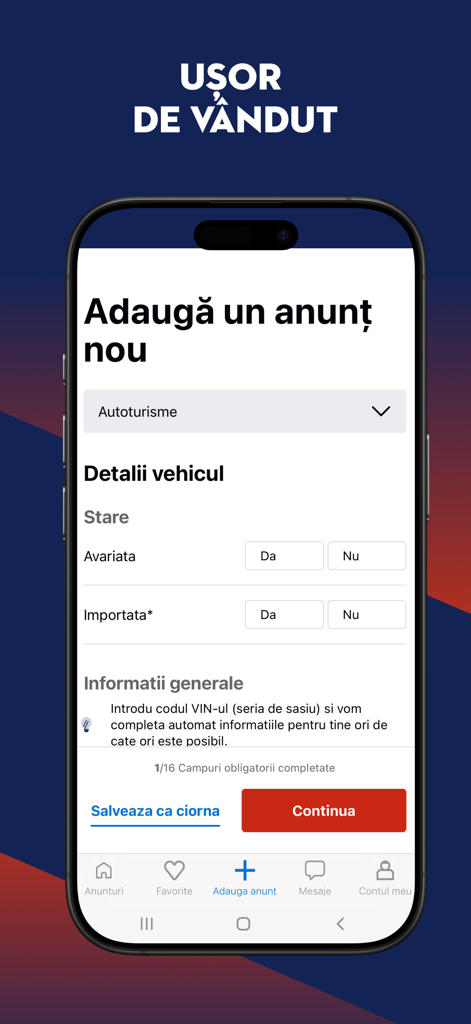 Autovit.ro:  Car Marketplace - Mobile interface of the Autovit app showing a form to create a new vehicle advertisement with details like condition and imported status