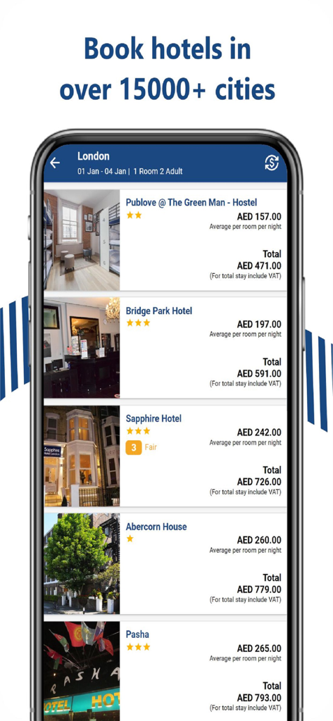 La aplicación Amadeus Online Suite muestra una lista de resultados de búsqueda de hoteles en Londres con precios y clasificaciones por estrellas