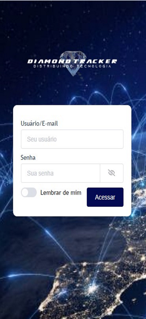 Diamond Tracker - Login screen for the Diamond Tracker vehicle tracking app featuring username and password fields over a global network background