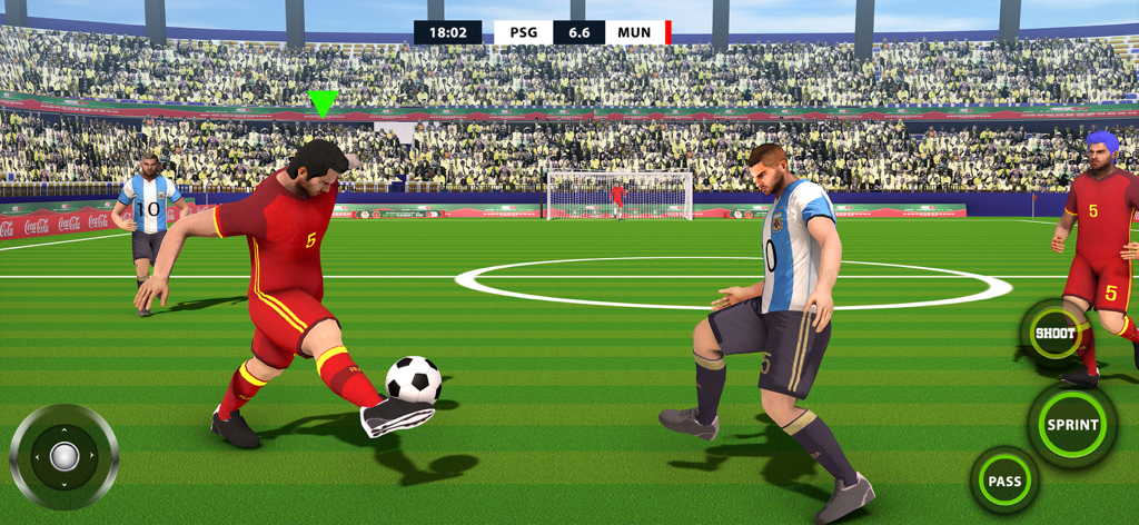 Acción en el juego de Soccer Striker: Football Games mostrando a un jugador con una camiseta roja a punto de patear el balón con controles móviles en pantalla.
