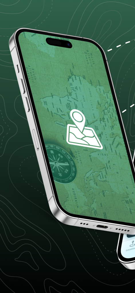 Map 3D Track+ - iPhone screen showing a vintage green world map and compass in the Map 3D Track app